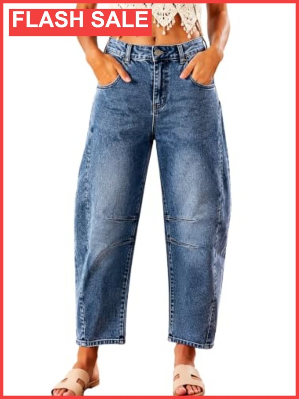 High Waisted Stretch Barrel Leg Jeans Cropped Ankle Denim Pants
